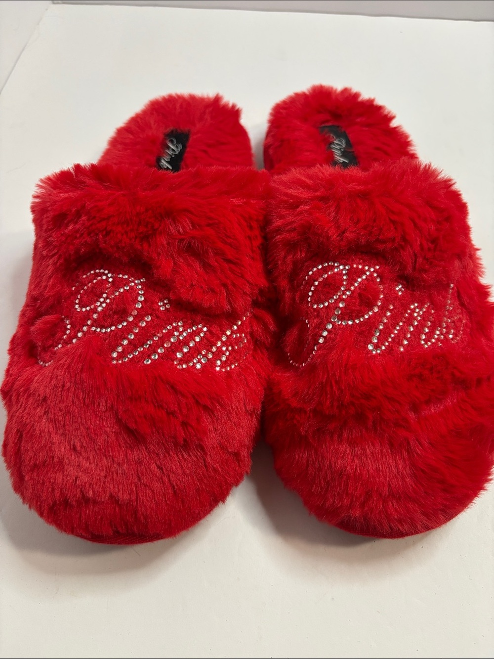 VICTORIA'S SECRET PINK FAUX FUR SLIPPERS RHINESTONE LOGO Sz L (9-10) NWOT